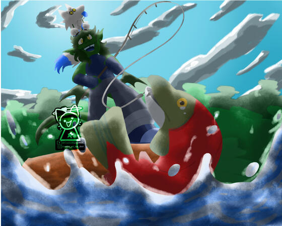 28 Aug 2025 - Fullbody + 2 Simple shaped (yes the fish counts) - Simple shaded - DTIYS - Scene background extra